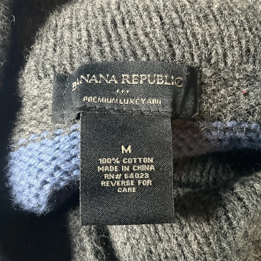 Banana Republic Cardigan Sweater Mens M Gray Blue Striped Full Zip Mock Neck